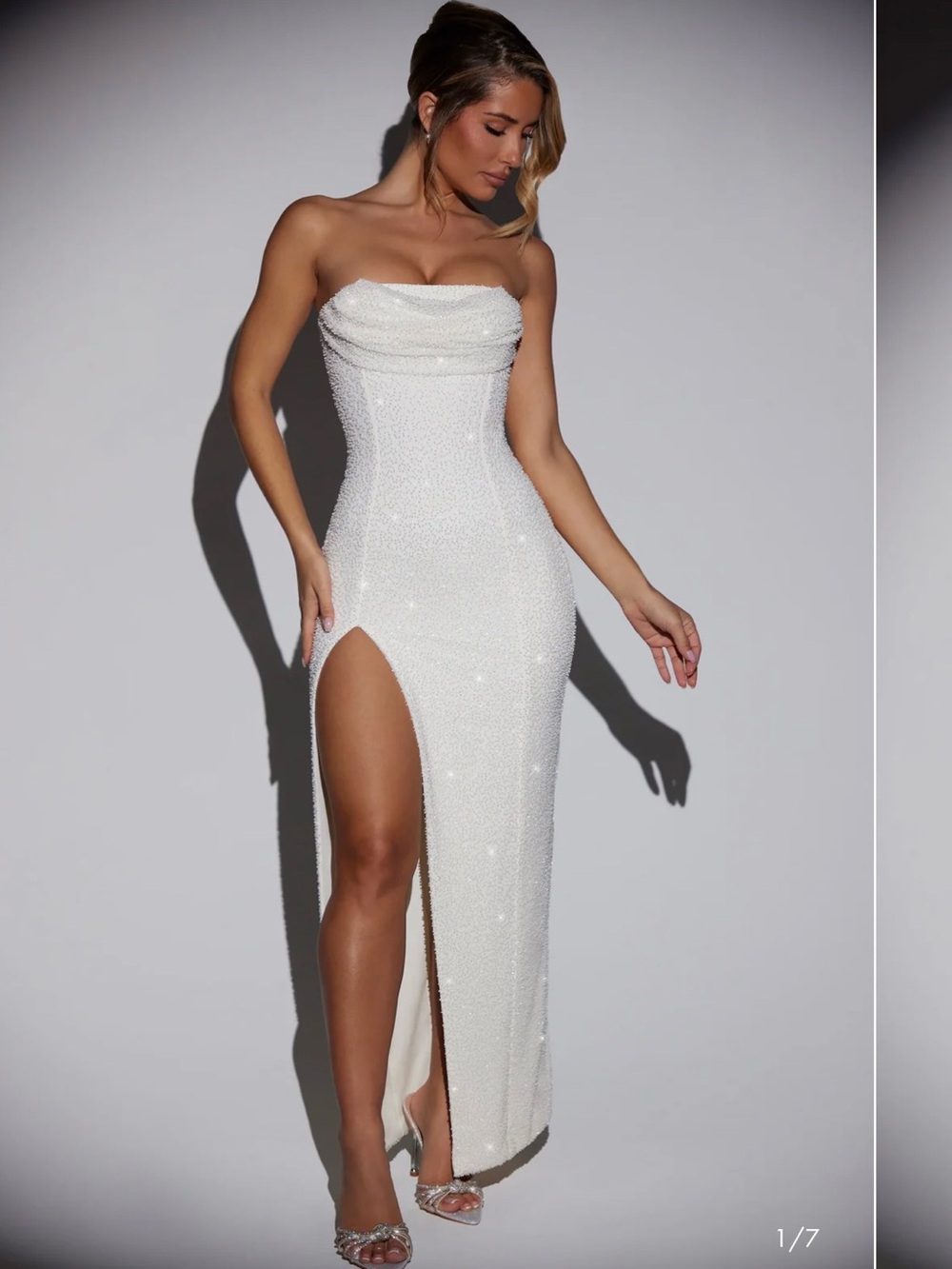 Oh Polly La Rochette
Embellished Bandeau Cowl Neck Maxi Dress in Snow